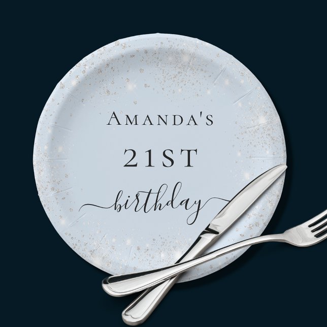 Prato De Papel Monograma de poeira de prata azul-claro de anivers (Criador carregado)