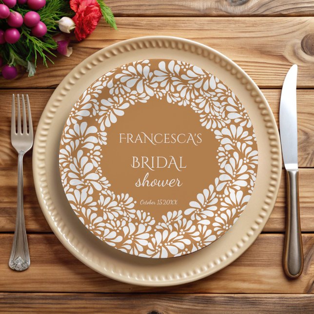 Prato De Papel monograma de talavera mexicana de terracota para c (Mexican talavera terracotta bridal shower monogrammed personalized paper plates customized decor)