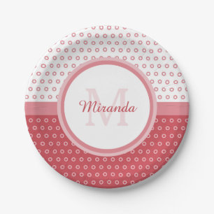 Prato De Papel Monograma do Mod Pink e do White Bolinhas com Nome