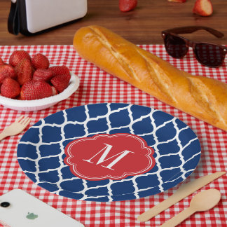 Prato De Papel Monograma do Quatrefoil de Branco Vermelho e Azul
