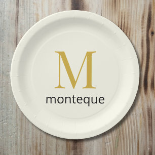 Prato De Papel Monograma Dourado Creme Nome Personalizado Present
