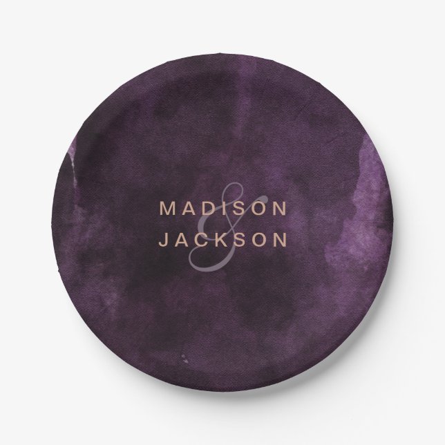 Prato De Papel Monograma Dourado de Casamento com Rosa de Aquarel (Frente)