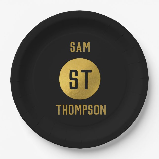 Prato De Papel Monograma Dourado e negro elegante (Frente)