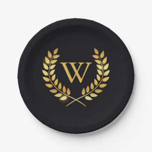 Prato De Papel Monograma Dourado Laurel Wreath