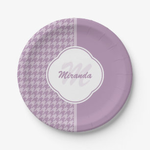 Prato De Papel Monograma e Nome bonito Pastel Purple Houndstooth