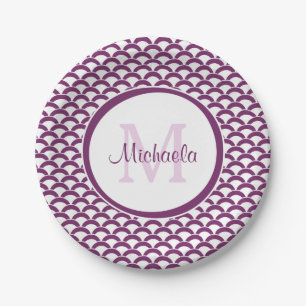 Prato De Papel Monograma e Nome Modernos em Roxo e Branco com Con