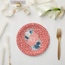 Monograma em Azul Empoeirado Floral e Corações Ver