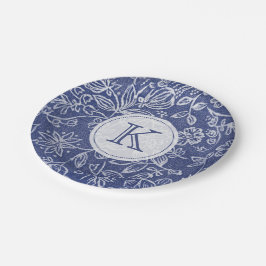 Prato De Papel Monograma Floral Branco e Azul