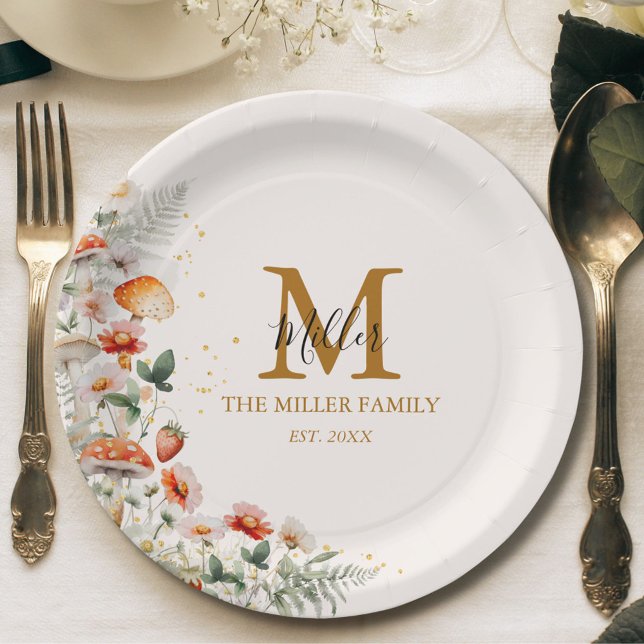 Prato De Papel Monograma Floresta Cogumelos Flores Botânica Flora (In situ)