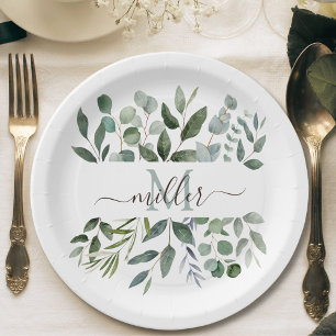 Prato De Papel Monograma Folhas de Eucalipto Verde Sage Verdejant