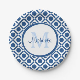 Prato De Papel Monograma Geométrico Azul e Branco Moderno com Nom