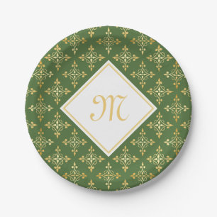 Prato De Papel Monograma luxuoso verde e Quatre Dourado floral
