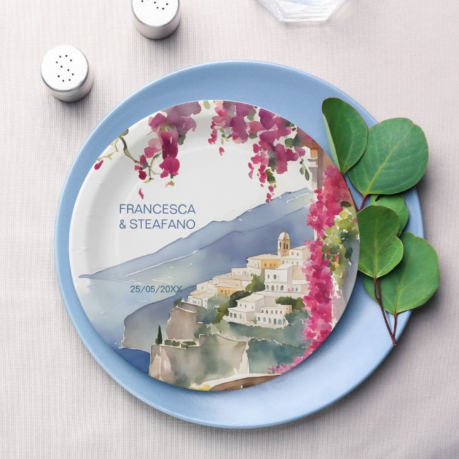 Prato De Papel Monograma mediterrânico de Amalfi impresso (Amalfi coast Mediterranean bridal shower wedding monogram printed Paper Plates)