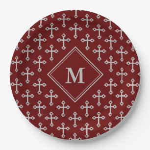 Prato De Papel Monograma Moderno Cross Burgundy Silver