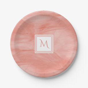 Prato De Papel Monograma moderno de mármore subtil cor-de-rosa