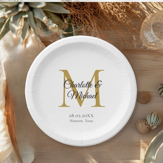 Prato De Papel Monograma Moderno Mínimo (Monogram Modern Minimal Wedding Paper Plates with your names and date.)