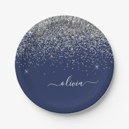 Prato De Papel Monograma Nome Menina Brilho Azul Marinho Prata