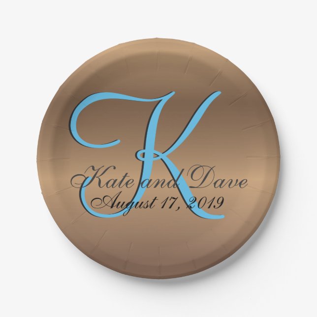 Prato De Papel Monograma 🔑 Pecan de Na moda de bronze (Frente)