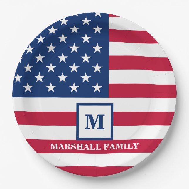 Prato De Papel Monograma Personalizado de Bandeira Americana 4 De (Frente)