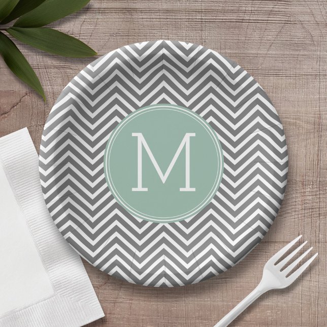 Prato De Papel Monograma Personalizado de Chevrons Verdes de Carv (Personalized birthday plate with monogram)