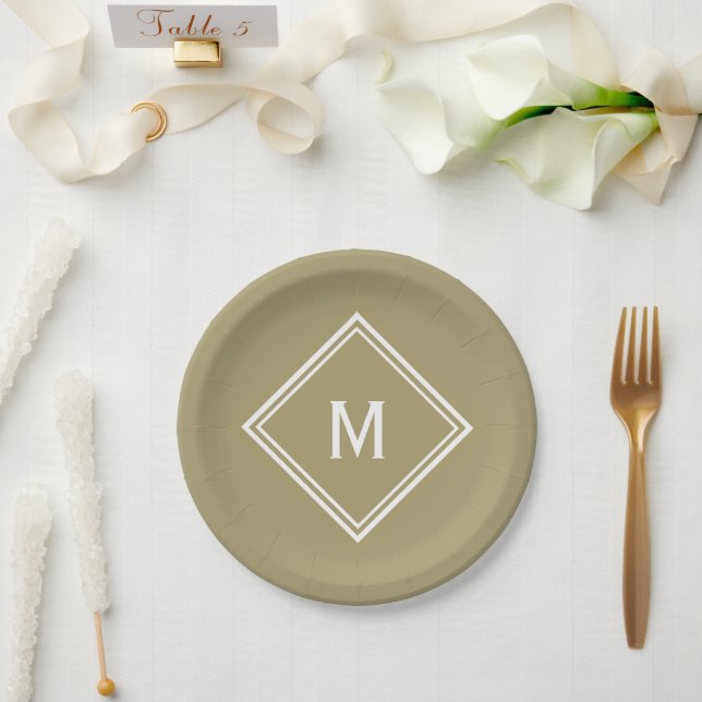 Prato De Papel Monograma Personalizado de Khaki Tan Na moda moder (Casamento)