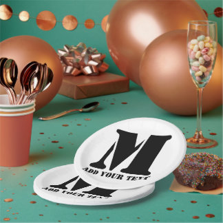 Prato De Papel Monograma Personalizado Preto Moderno Texto Person