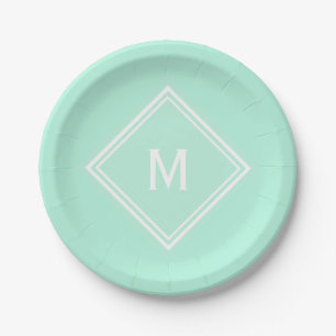 Prato De Papel Monograma Personalizado Verde de Mint Pale Moderno