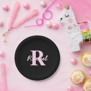 Prato De Papel Monograma Personalizável Fofo Rosa Claro e Preto
