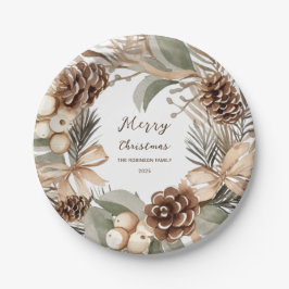 Prato De Papel Monograma Pinecone Winter Wreath Feliz Natal