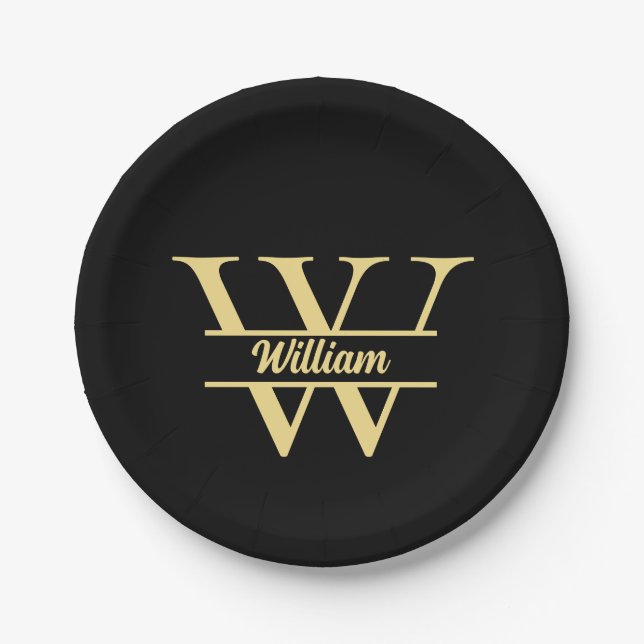 Prato De Papel Monograma preto e Dourado | Nome inicial Elegante (Frente)