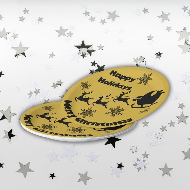 Prato De Papel Monograma preto no Dourado Feliz Natal | (Criador carregado)