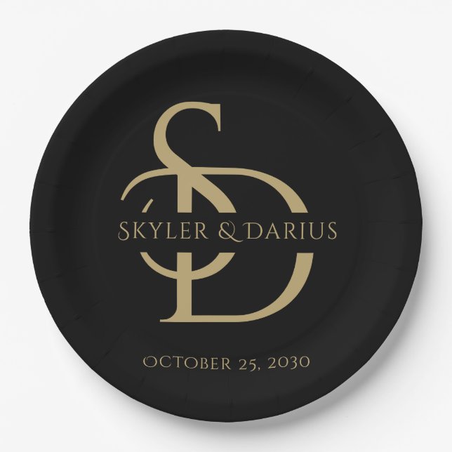 Prato De Papel Monograma Simples De Casamento Personalizado Com N (Frente)