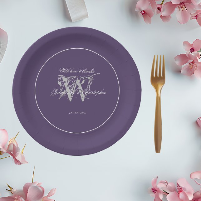 Prato De Papel Monograma Simples E Elegante De Púrpura Púrpura De (For a Simple Elegant Wedding  - Dusty Purple Personalized Paper Plates)