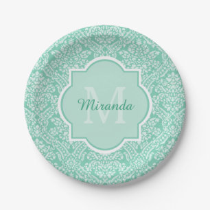 Prato De Papel Monograma verde Na moda Damask Com Nome