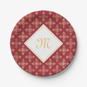 Prato De Papel Monograma Vermelho e Dourado Quatre Floral