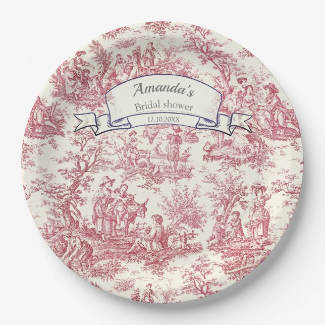 Prato De Papel Monograma vermelho elegante de jouy (Frente)