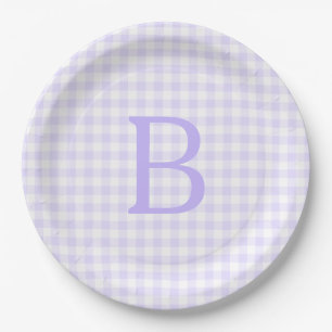 Prato De Papel Monograma Xadrez Branco e Lavanda Pastel