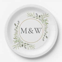 Prato De Papel Monogramas iniciais de folhagem em aquarela verde