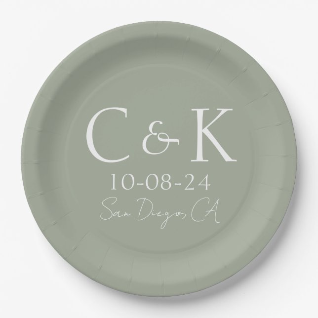 Prato De Papel Monogramas Iniciais Sage Green Wedding (Frente)