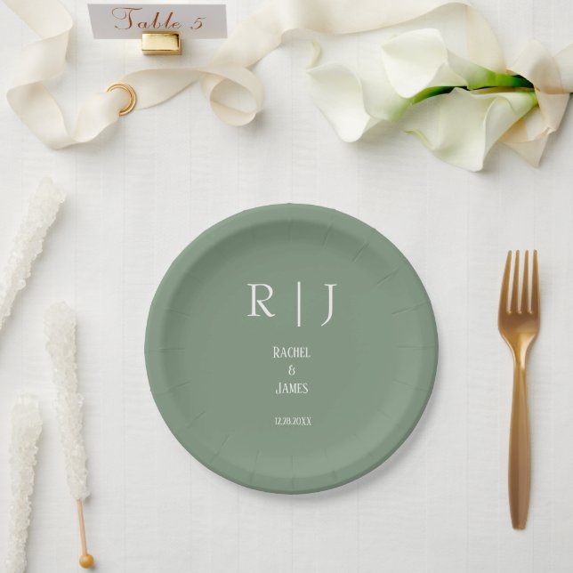 Prato De Papel Monogramas Verde Salvia Elegante Simples Casamento (Casamento)