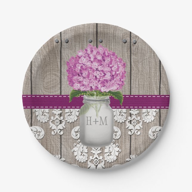 Prato De Papel Monogrammed Mason Jar Plum Hydrangea Casamento (Frente)