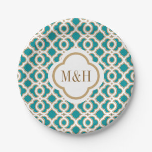 Prato De Papel Monogrammed Teal e Dourado Casamento marroquino