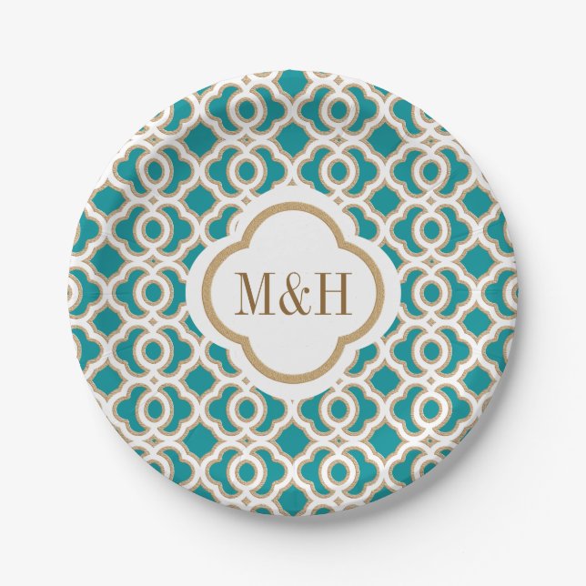 Prato De Papel Monogrammed Teal e Dourado Casamento marroquino (Frente)