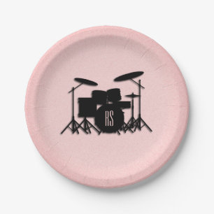 Prato De Papel Monogramo Drum Set Music Design Rosa