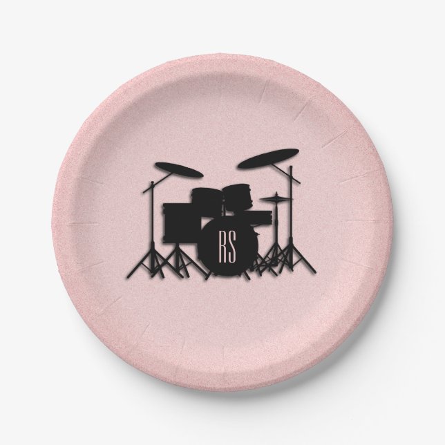 Prato De Papel Monogramo Drum Set Music Design Rosa (Frente)