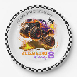 Prato De Papel Monster Truck Birthday Fire Flames 