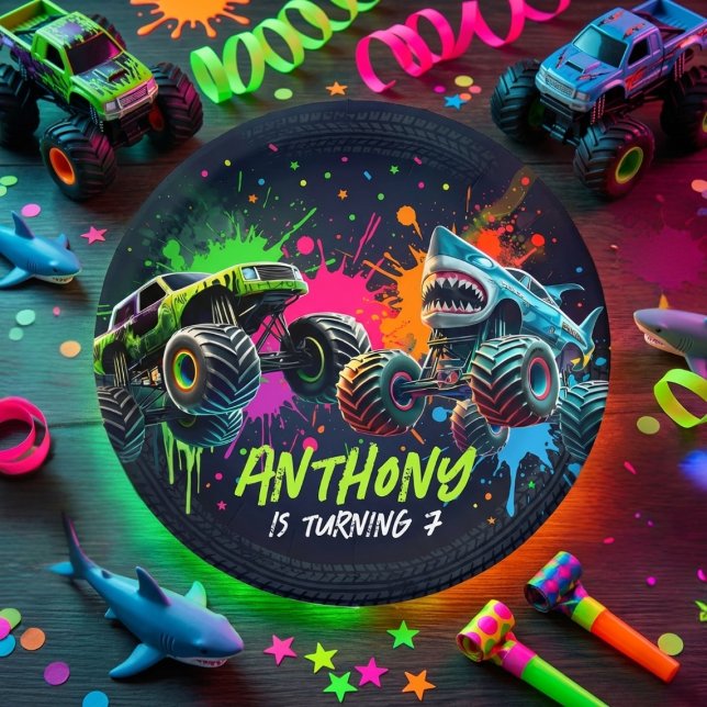 Prato De Papel Monster Truck Shark Birthday Paper Plates (Criador carregado)