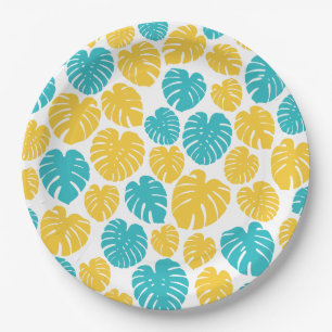 Prato De Papel Monstera deixa em turquesa, amarelo e branco