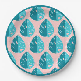 Prato De Papel Monstera Leaves - Blue and Pink