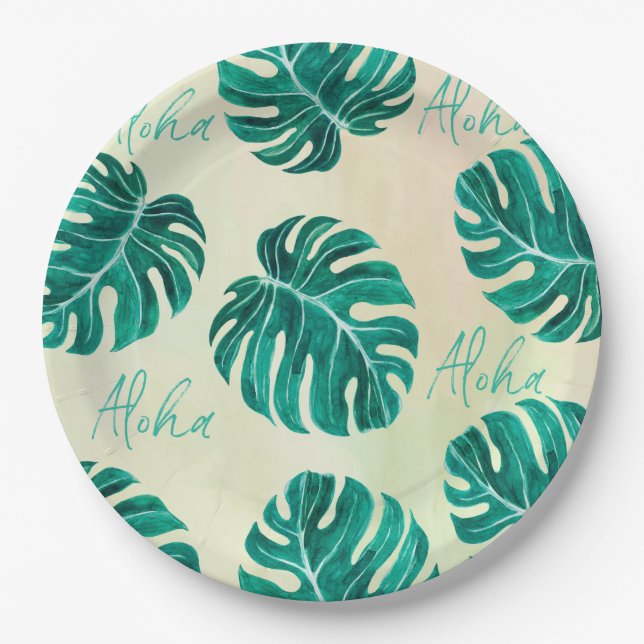 Prato De Papel Monstera tropical emerald green palm deixa aloha (Frente)
